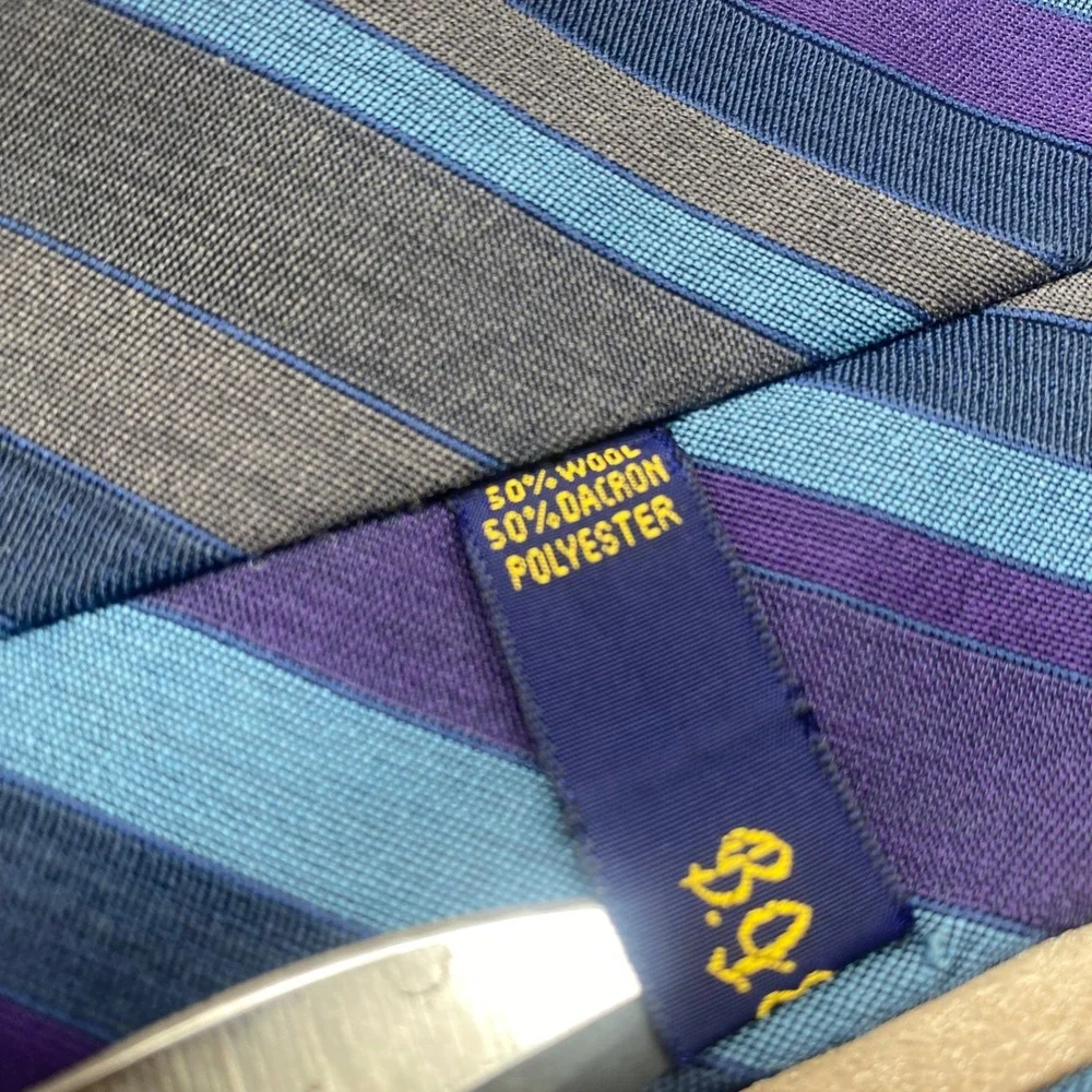 B.J. Ernst Vintage 60s Striped Tie Necktie Blue Purple Grey Wool Blend Union USA